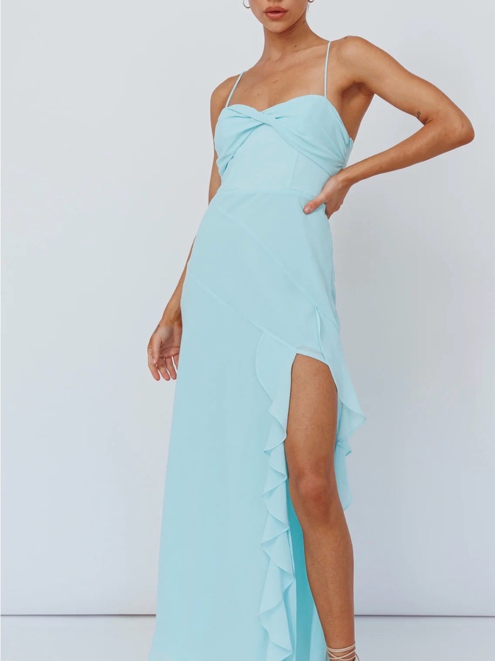 Selfie Leslie Jayna Mint Chiffon Ruffle Slit Maxi Dress Size Small